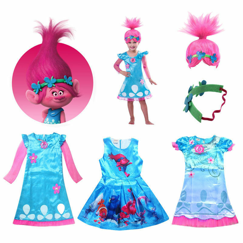 Child Trolls Poppy Troll Fancy Dress Costume & Wig Hair Kids Girl Cosplay Party