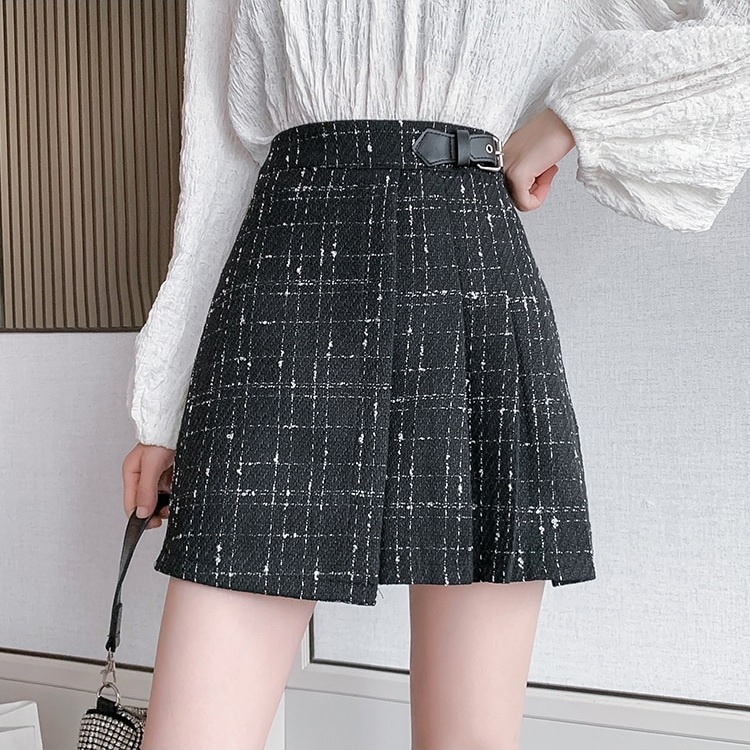 New black plaid tweed high waist A line zip closure women mini skirt fall winter
