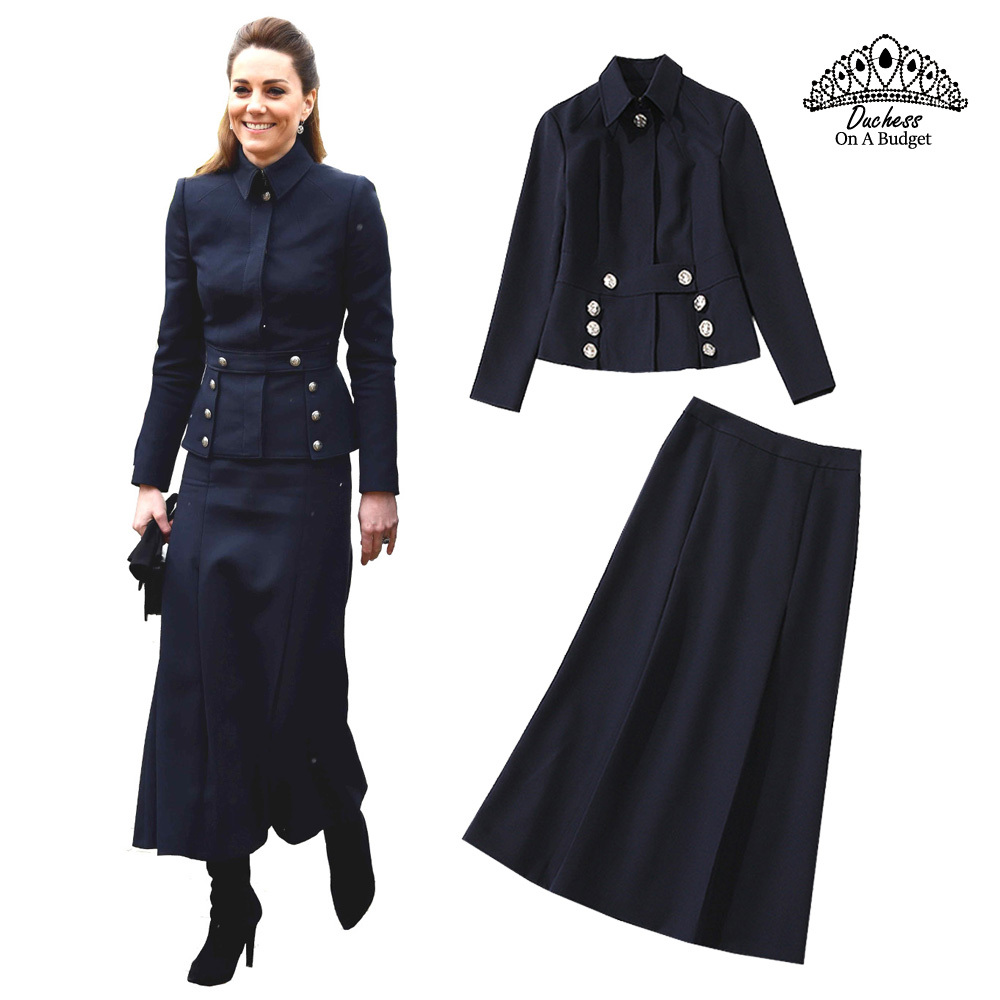 Royal Duchess Kate Inspired Military-Style Blazer & A-line Midi Skirt 2PC Set