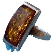 Vintage modernist sterling silver genuine Baltic Amber ring size 7  - $45.00