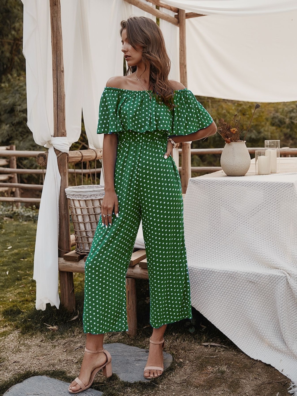 New Green Polka Dot Off Shoulder Ruffle Wide Leg Jumpsuit Women Summer