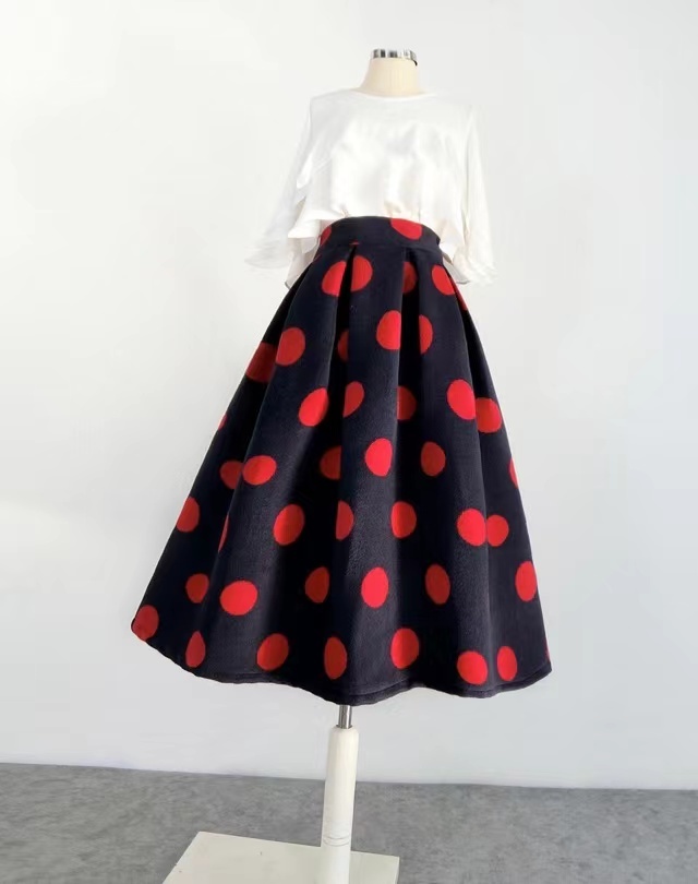 Women Winter Polka Dot Midi Party Skirt Winter Black Red Pleated Holiday Skirt