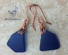 Handmade copper wire wrapped cobalt blue sea glass petal earrings - $27.00