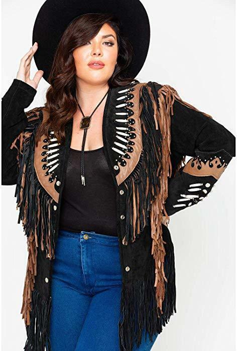 Two Tone Cont Black Suede Tan Genuine Leather Western Bone Beaded Fringed Jacket