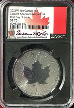 2021-W $5 Canada BURNISHED TAILORED Maple Leaf 1 Oz  NGC SP70 FDOI Taylor   image 2
