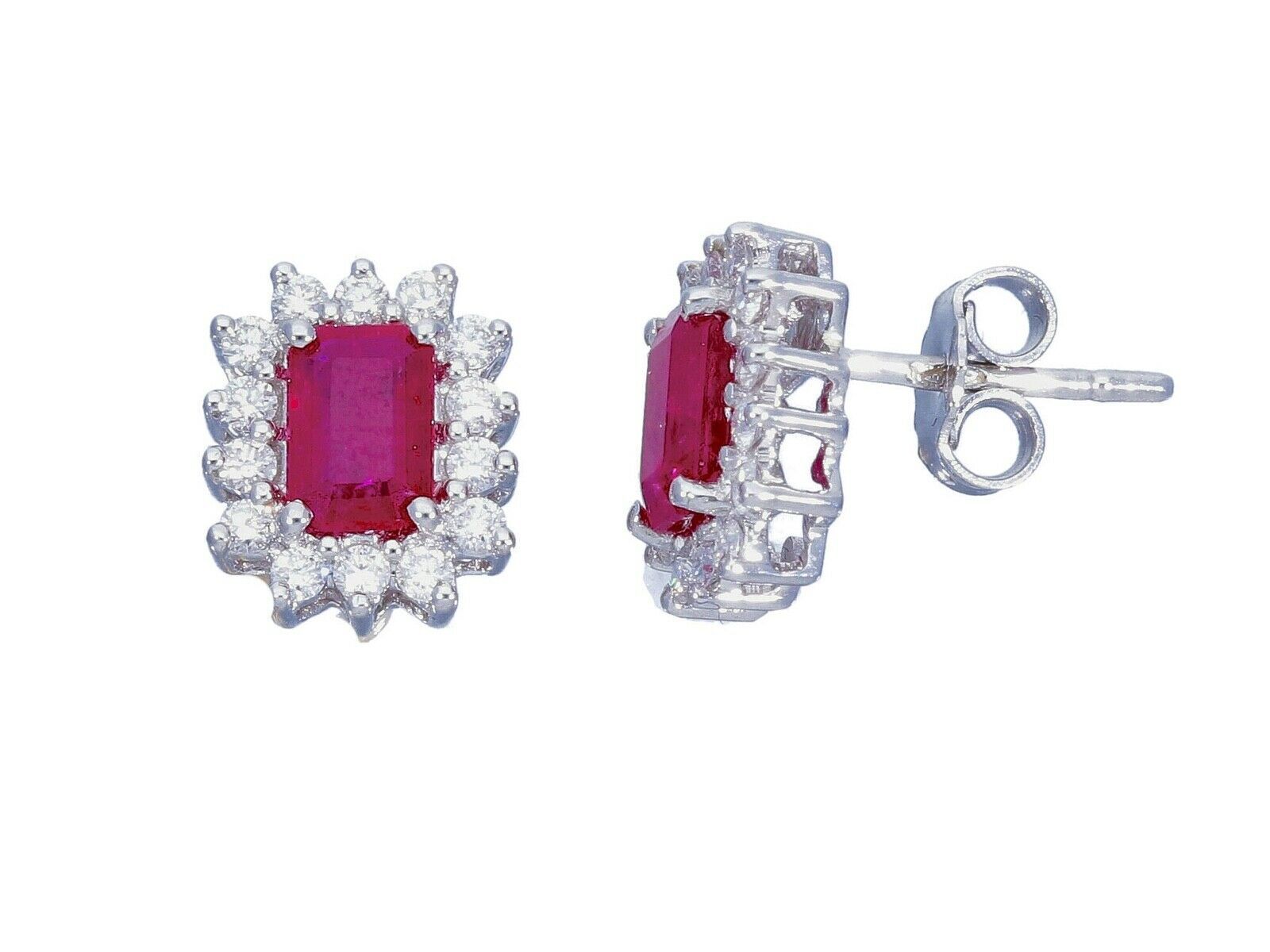 Primary image for 18K WHITE GOLD FLOWER EARRINGS, DIAMONDS 0.44 & EMERALD CUT RED RUBIES 1.40
