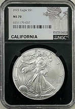 2022 American Silver Eagle $1 NGC MS70 50 STATES EAGLES Series ~ CALIFORNIA  image 2