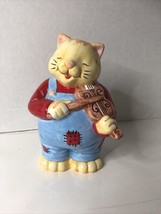 Tabby Cat in patched Overalls Playing Fiddle Hey Diddle Diddle Bank Cera... - $15.43