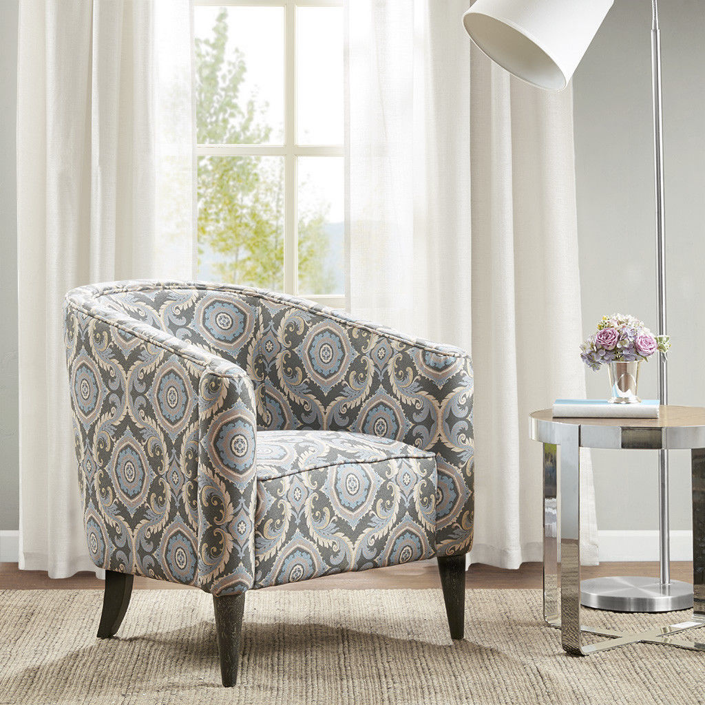 Gray Blue Ivory Medallion Upholstered Accent Chair Modern 