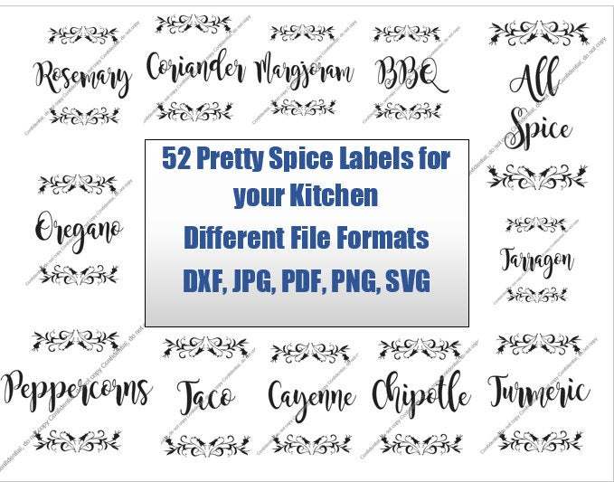 52 Premade Floral Themed Kitchen Spice Labels - Different File Formats for Cricu