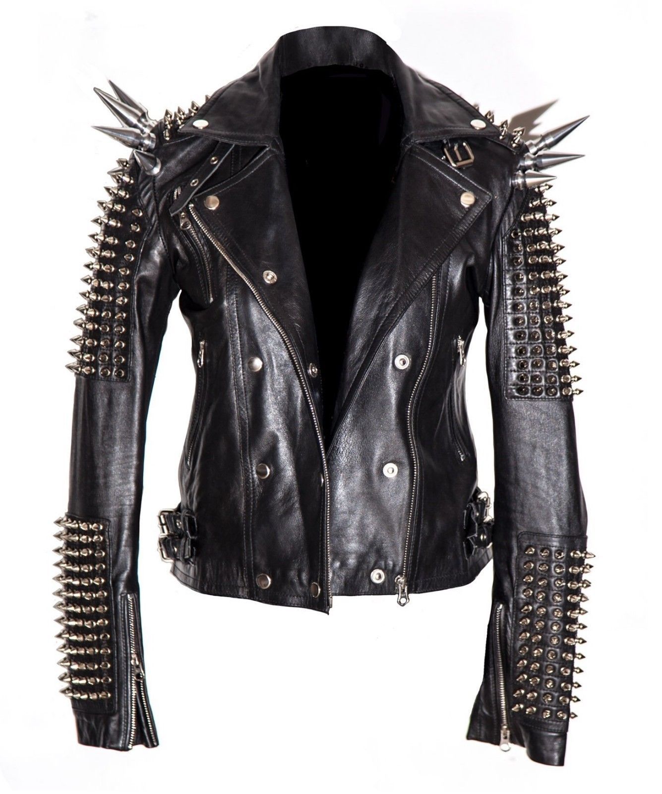 Men Silver Studded Long Spiked Jacket Leather Black Patches Spike Studs Party