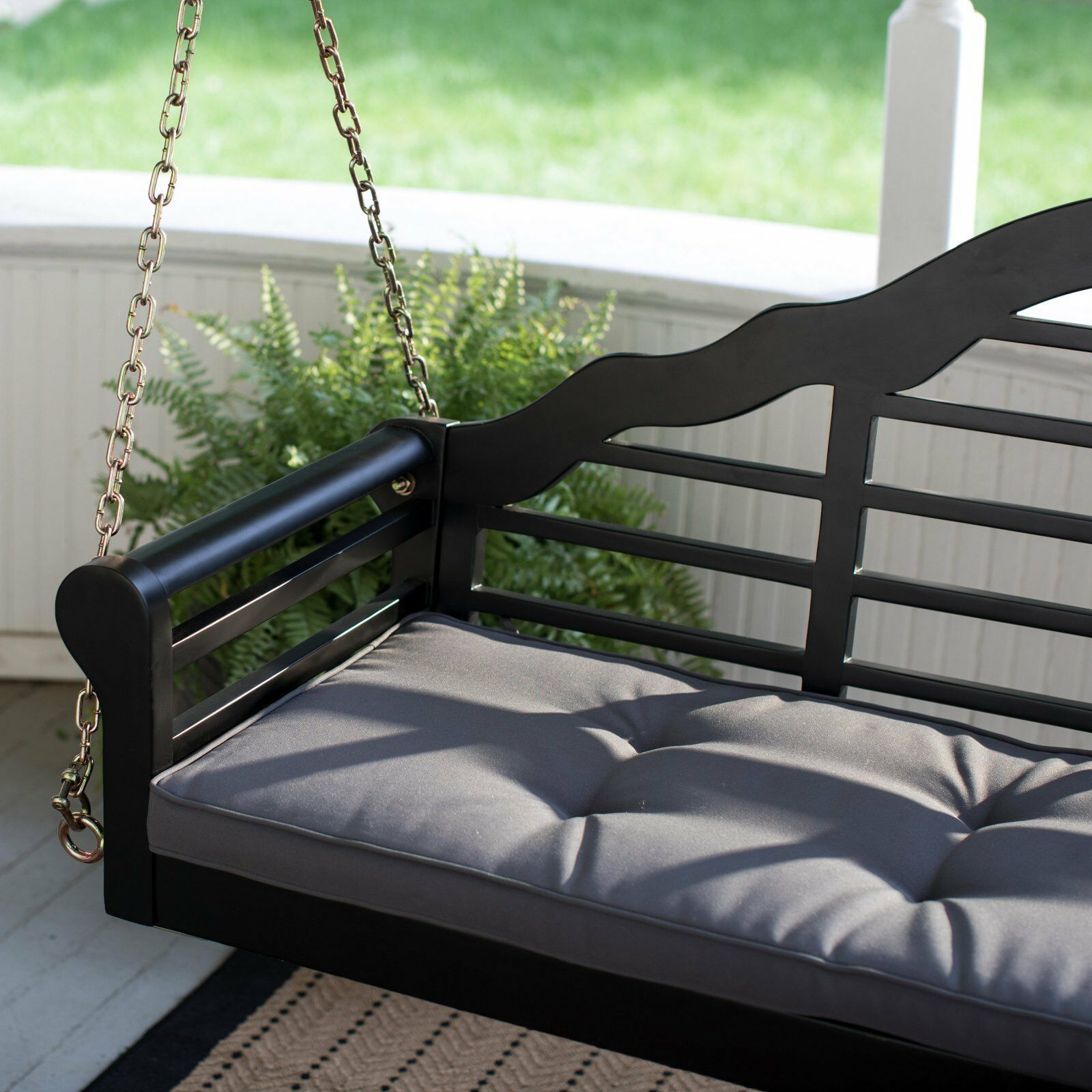 Black Finish Eucalyptus Wood Arched Back Outdoor Porch Swing With Gray ...