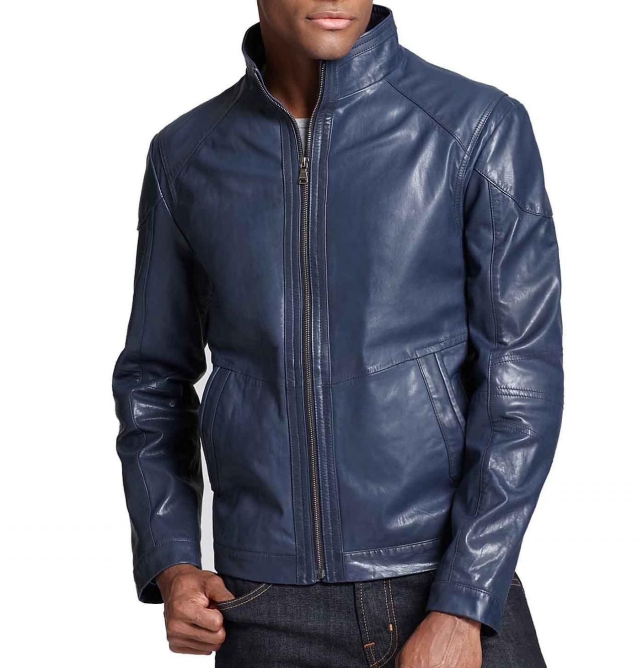Men navy blue leather jacket Men navy blue biker jacket, Leather ...
