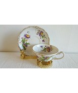 Adorable VTG Tea Cup &amp; Saucer Made in Japan Purple Flower Embossing Gold... - $14.99