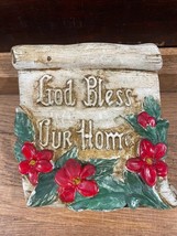 Small Chalkware God Bless Our Home Plaque Sign Red Flowers Spiritual Plaque - $11.65