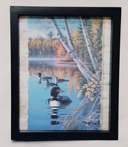 Loons on the Water Lake Framed Picture Black Wall or Tabletop Birds Fall 9&quot; - $12.56