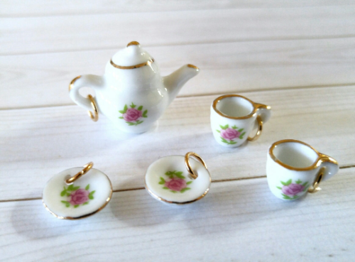 5 Miniature Tea Set Charms Vintage Style Ceramic Pendants with Jump Rings *