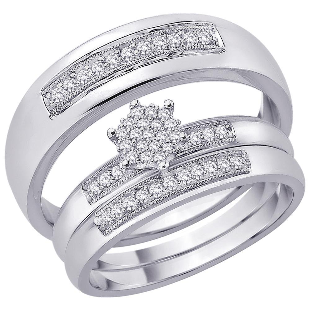 White Diamond His And Her Wedding Trio Ring Set 14k White