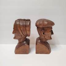 Hand Carved Wood Busts, J Alberdi Mid-Century Carving, Old Man & Woman, Bookends image 2