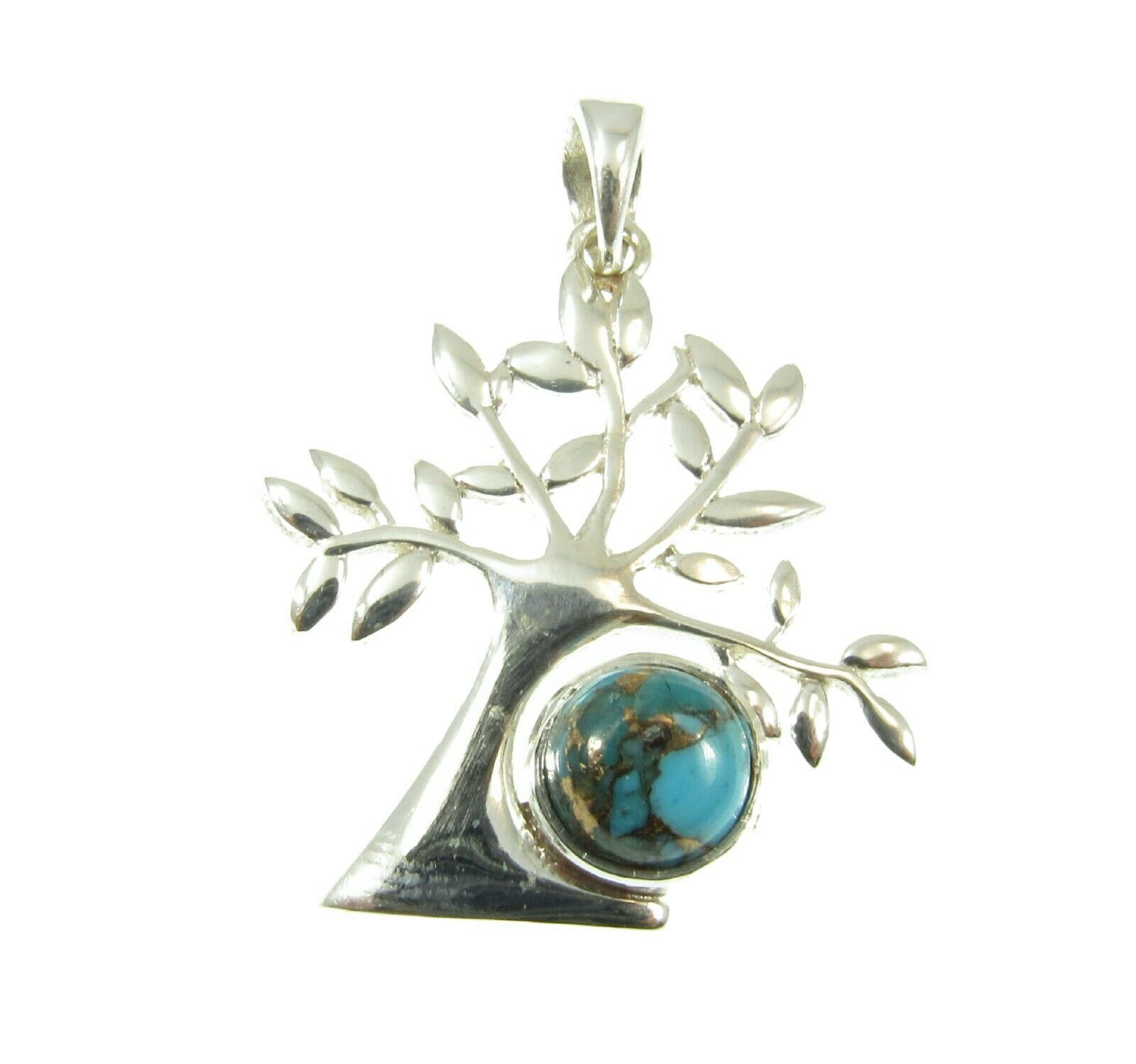 Handcrafted Solid 925 Sterling Silver Tree of Life w/Copper Turquoise Pendant