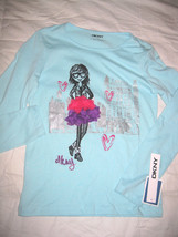 DKNY Girls Long Sleeve Light blue Shirt Graphic Girl in Ruffle Skirt NWT Large - $16.99