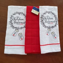 Kitchen Towels, set of 3, Red Heart, This Kitchen is Seasoned with Love