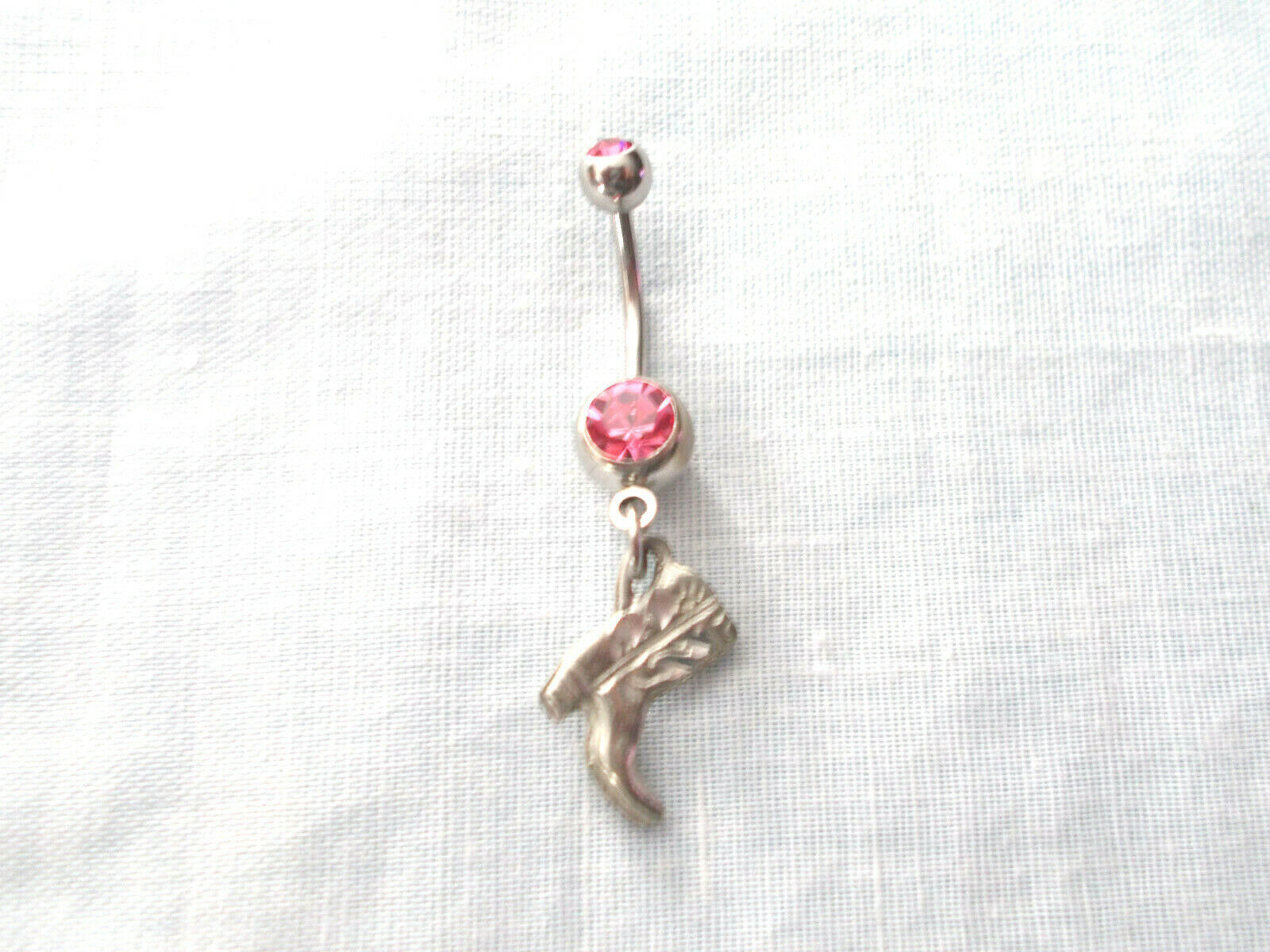 Cowboy Cowgirl Boot Hand Engraved USA Pewter Design on 14g Pink CZ Belly Ring