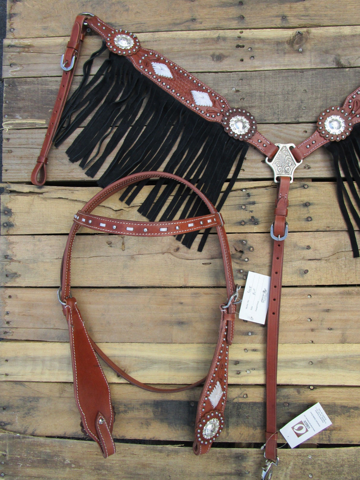 WESTERN HEADSTALL BREAST COLLAR SET SILVER CONCHO TOOLED LEATHER HORSE