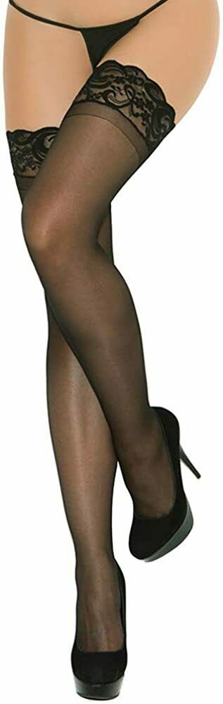 Elegant Moments BLACK Plus Size Sheer Silicone Lace Top Thigh Highs, US 1X-3X