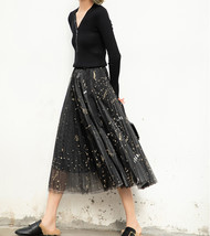 Black Pleated Long Tulle Skirt High Waisted Pleated Tulle Holiday Skirt Outfit