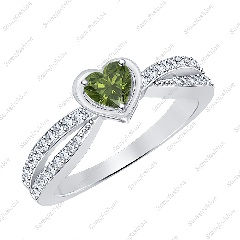 Green Tourmaline & Diamond 14k White Gold Over Elegant Twisting Split Shank Ring