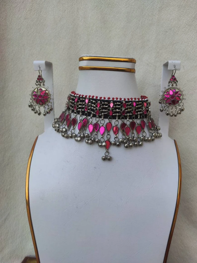 Pink beaded choker set -handmade afghani necklace set- traditional set - $72.00