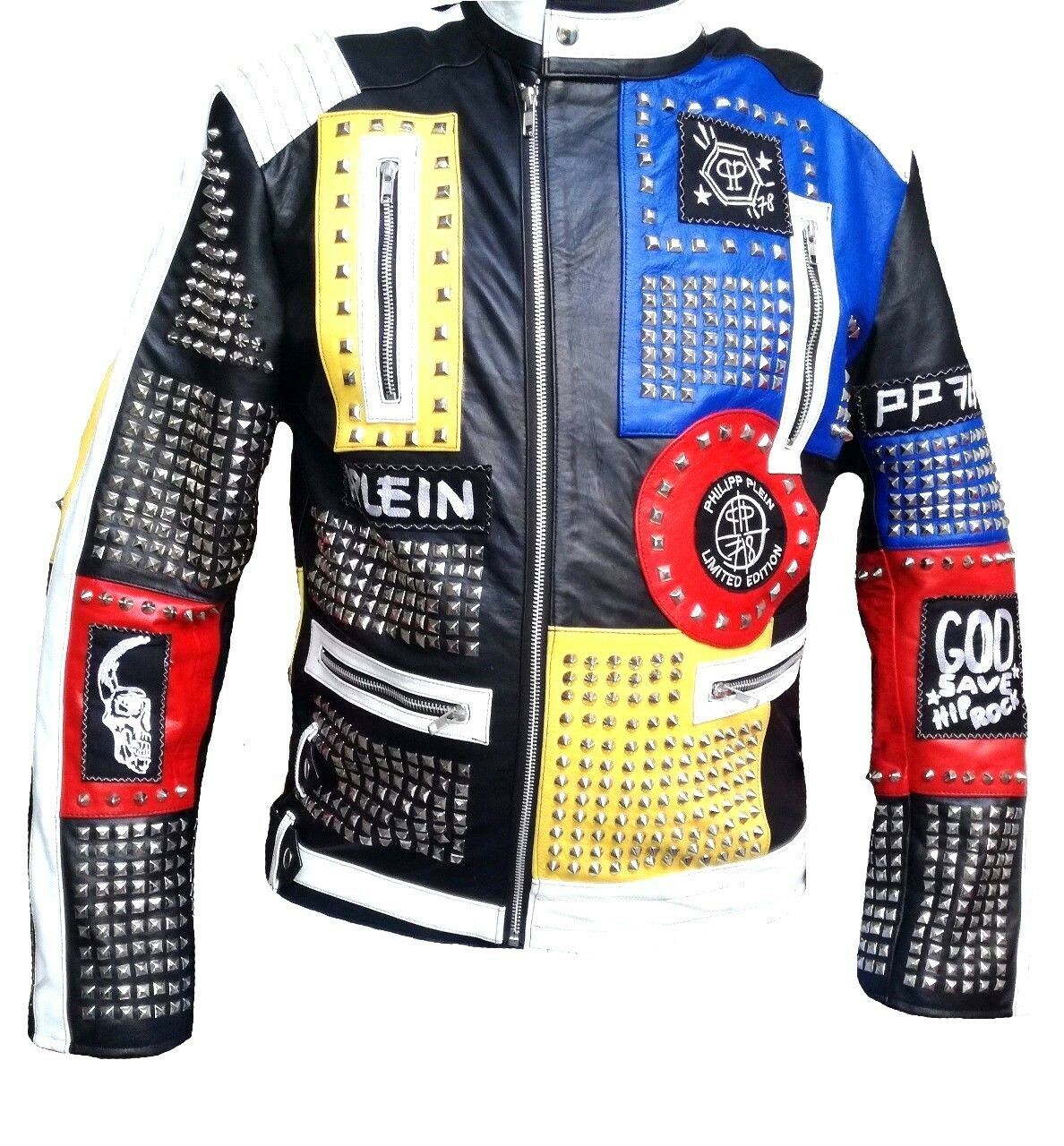 Men PHILIPP PLEIN Leather Coat Multi Color Studded Embroidery Patches Jacket PP