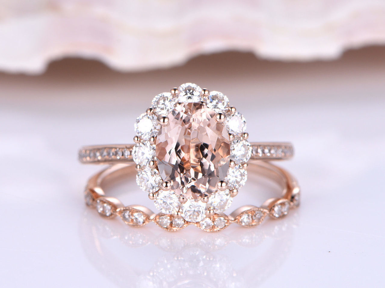 7x9mm Oval Morganite & Diamond 14k Rose Gold Over Wedding Cluster Band Ring Set