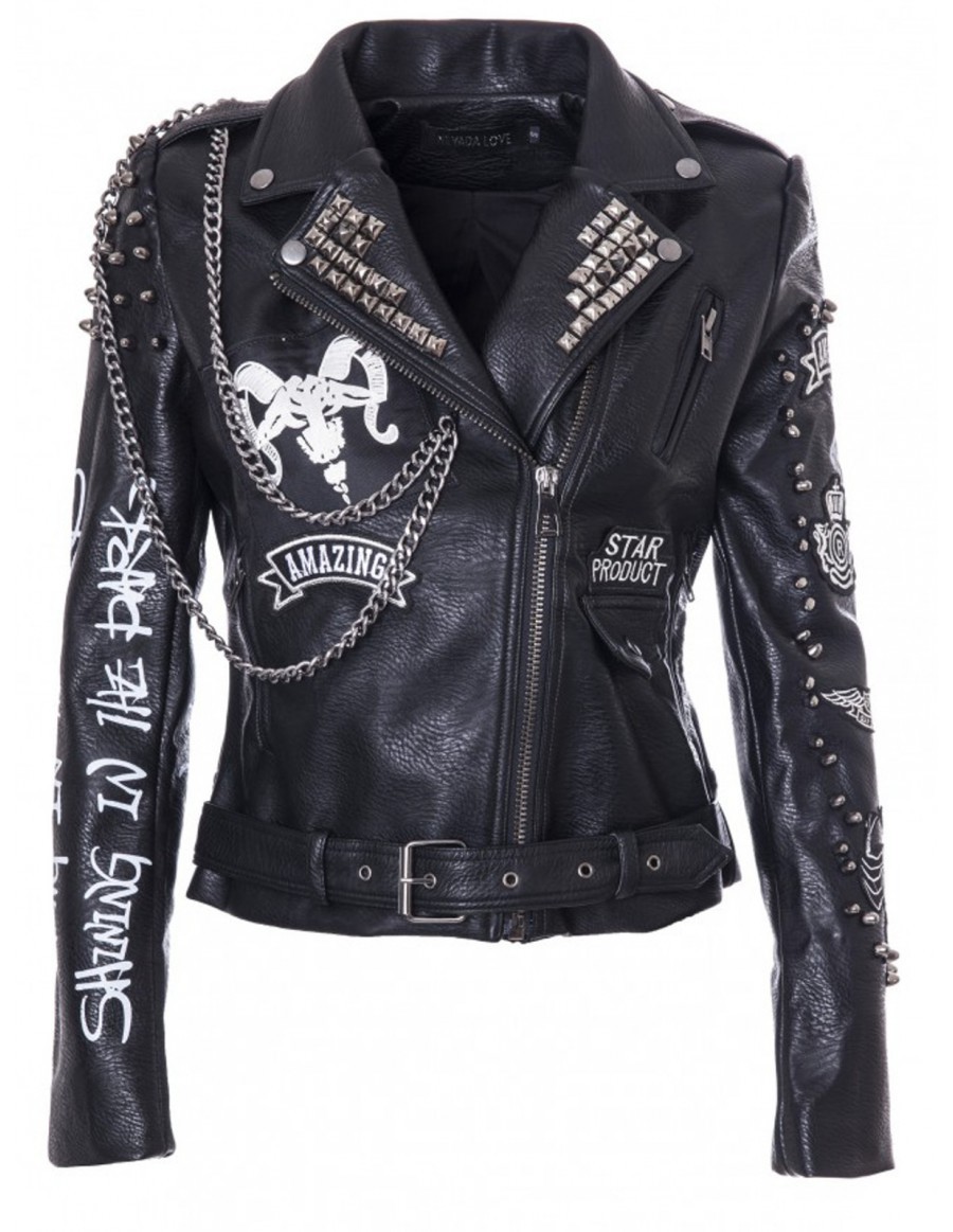 New Woman Punk Black Metal Studded Punk Cowhide Leather Jacket XS TO ...