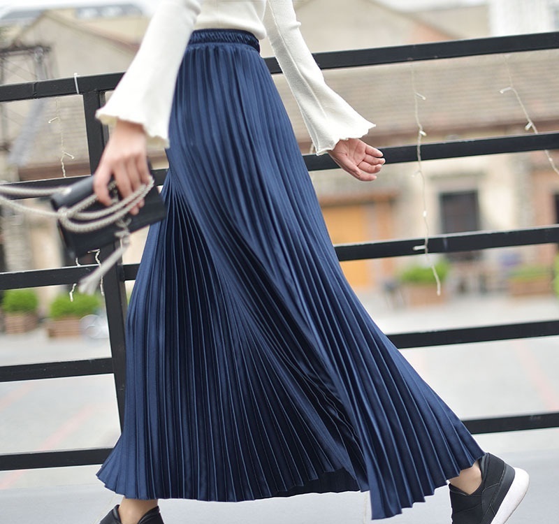 Navy dark blue metallic pleated long women skirt maxi length metalic summer