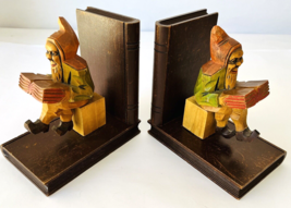 Hand Carved Wood Bookends Gnomes Elves Reading Books Hand Painted Rustic... - $86.11