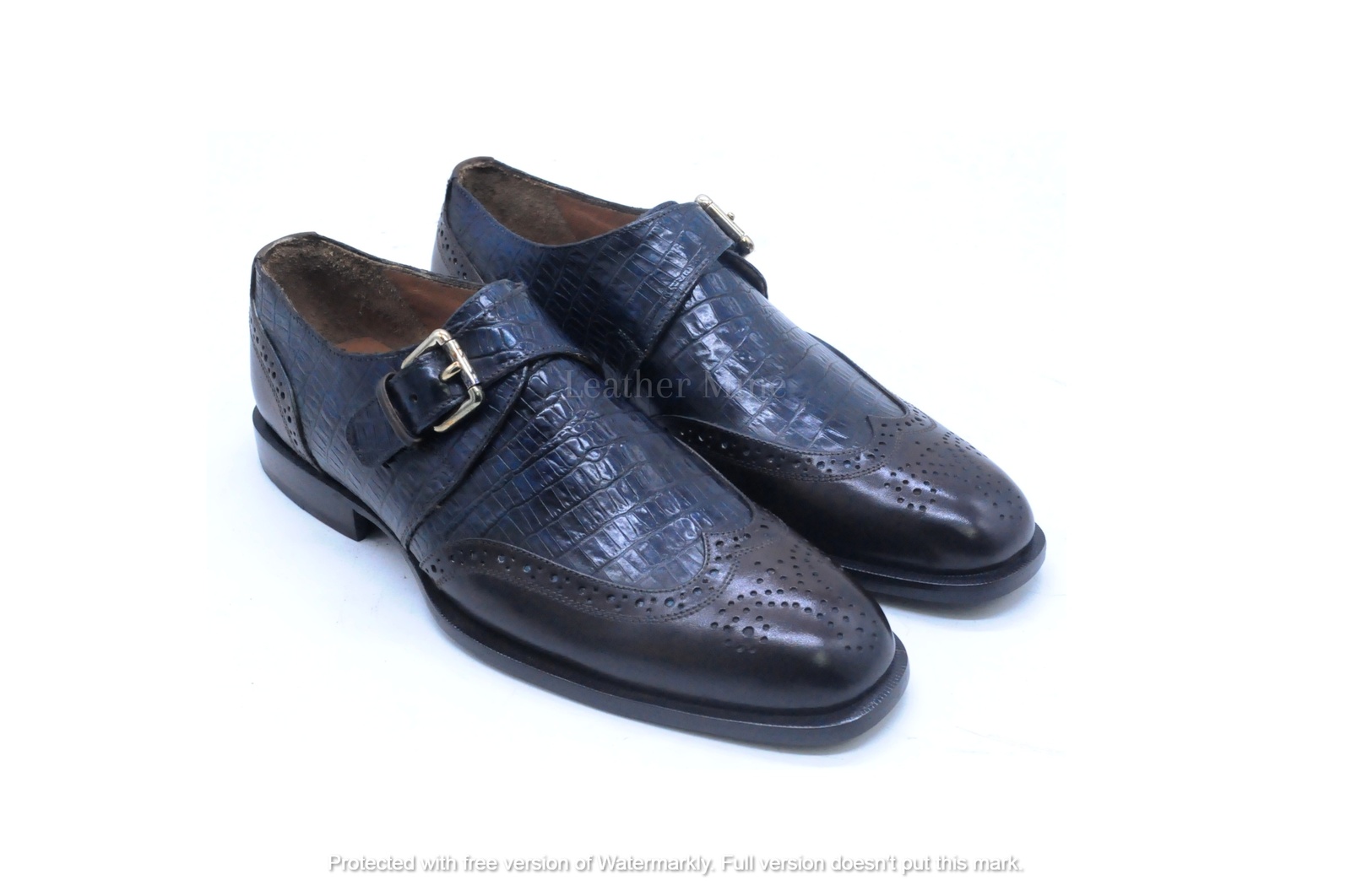 Men's Handmade Blue Leather Wingtip Monk Strap Dress Shoes For Men