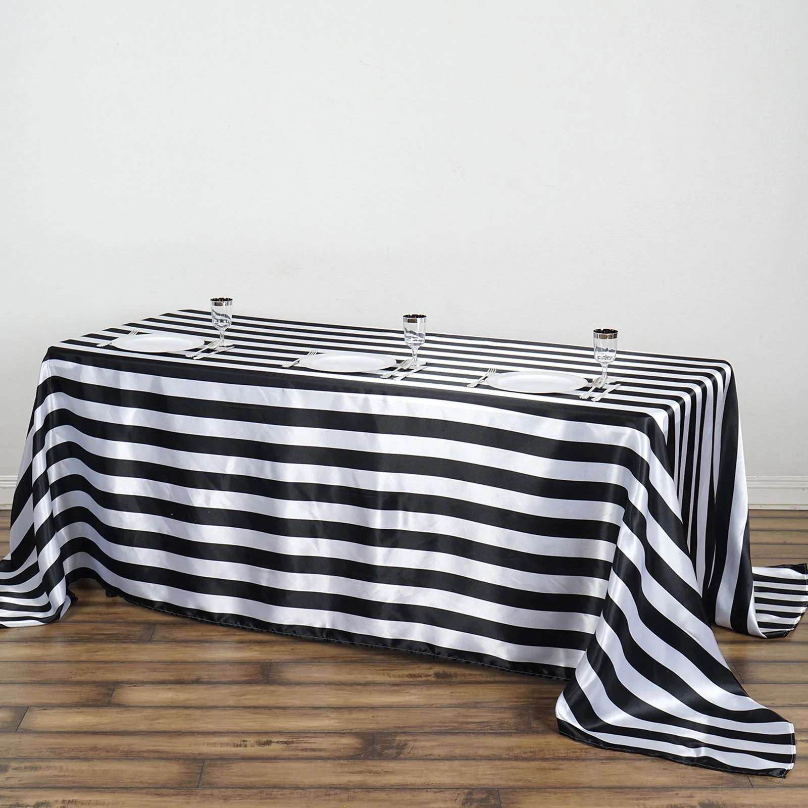 Black - 90"x132" Rectangle Tablecloth Stripe Satin Seamless Tablecloth Weddings - $40.28