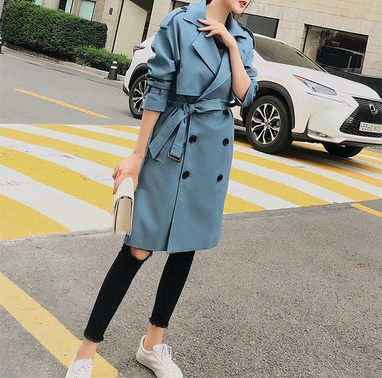 New light blue double breasted knee length women trench coat with