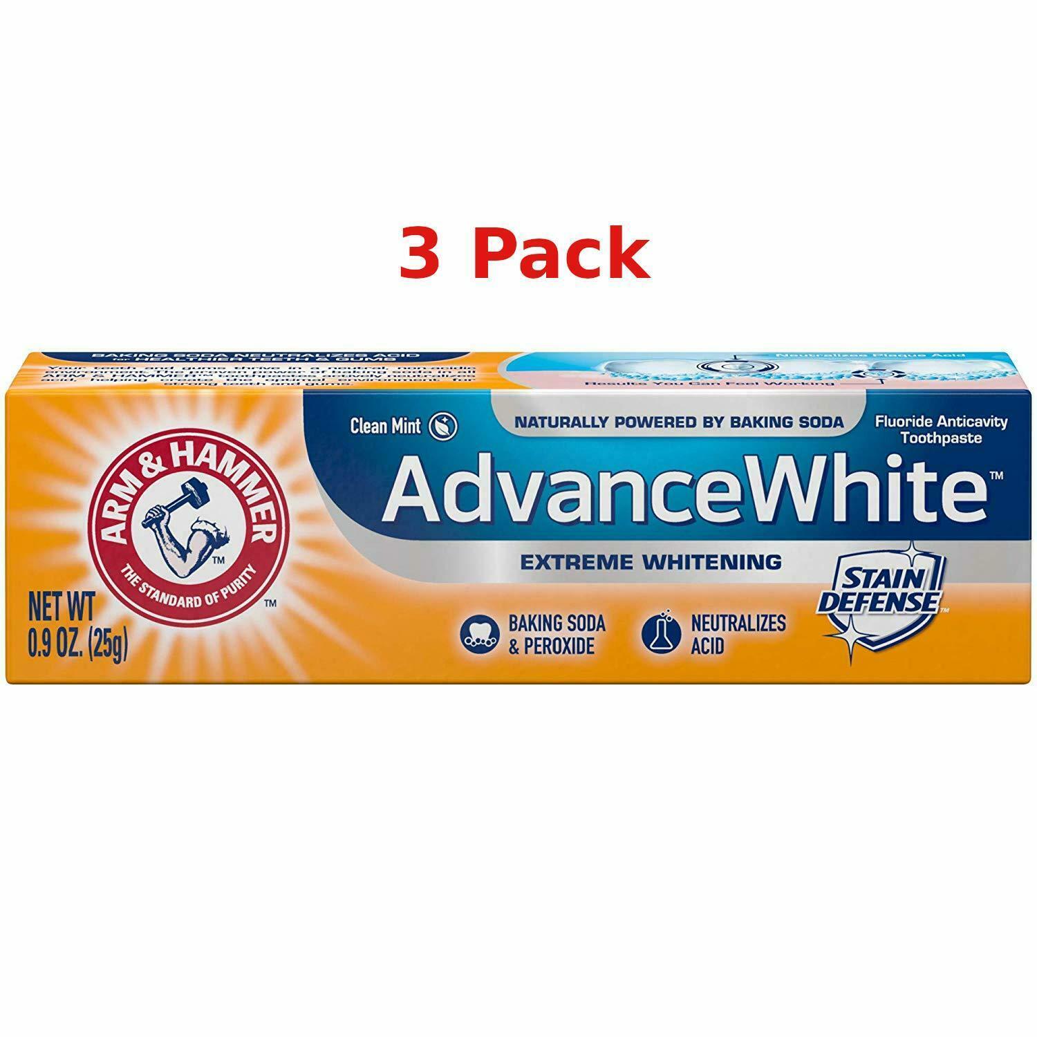 Arm & Hammer 3 Pack Hammer Advance White Toothpaste 0.9 Ounce Travel Size