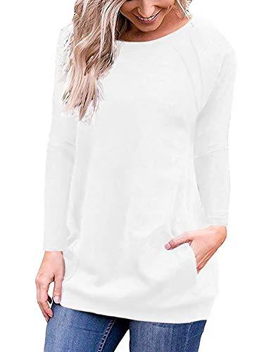 Muhadrs Women Solid Color Round Neck Casual Loose Long Sleeve ...