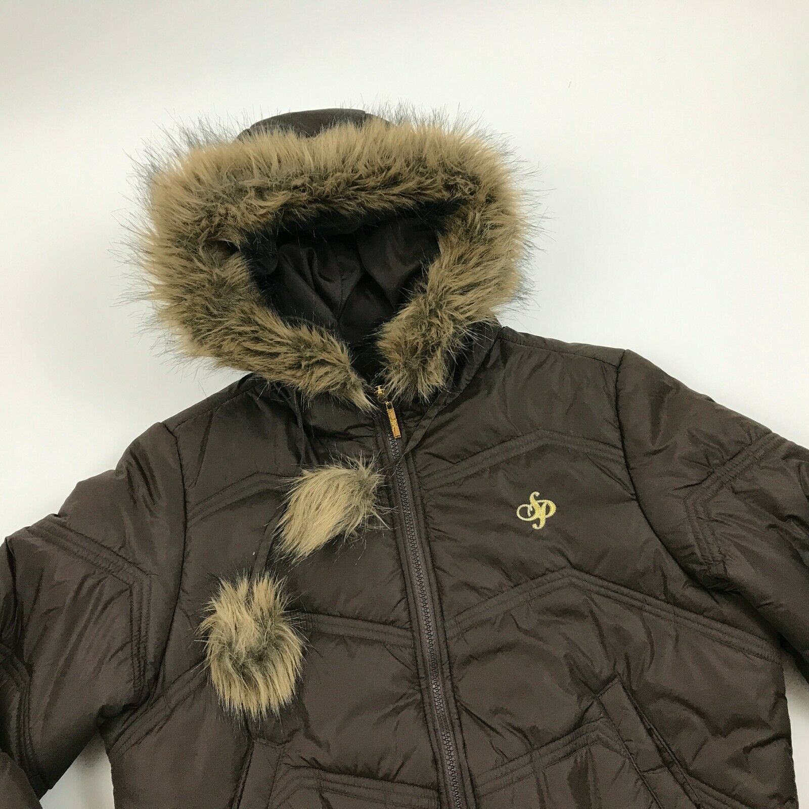 Southpole Womens Puffer Jacket Size XL Faux Fur Coat Quilt Lined Parka ...