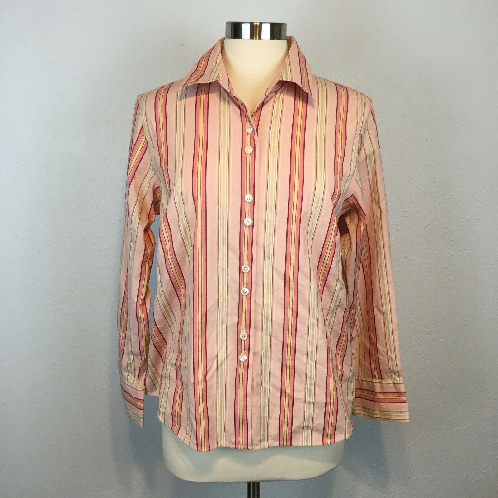 Talbots Women's Pink Striped Classic Button Front Shirt Size 14 Petites ...