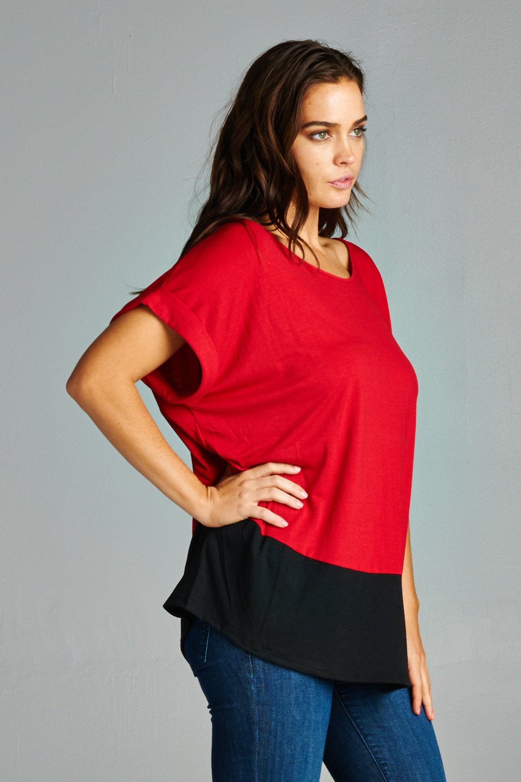 Women's Black & Red Color Block Top TShirts