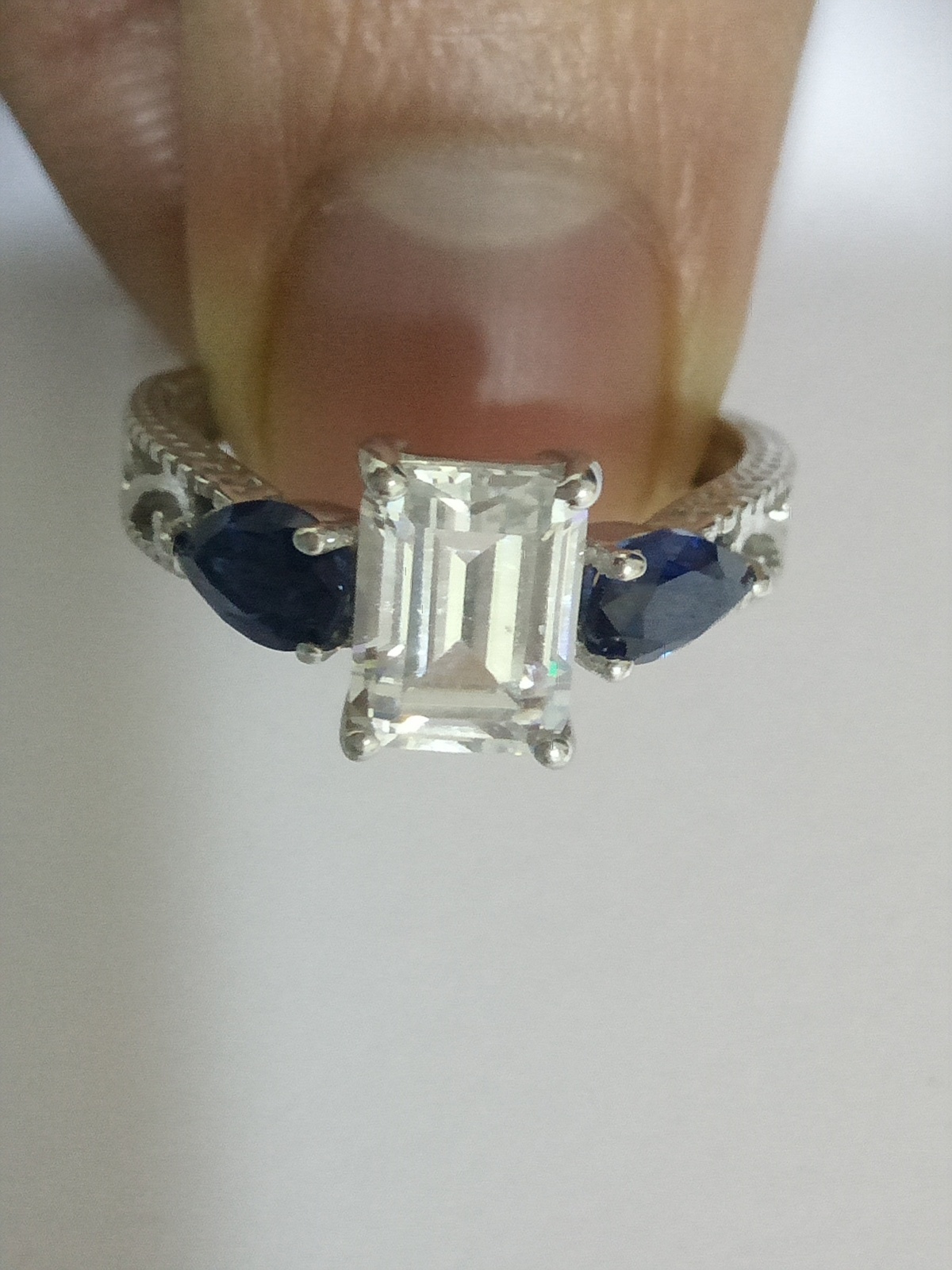2.25Ct Emerald Cut White Diamond & Sapphire 925 Sterling Silver Engagement Ring