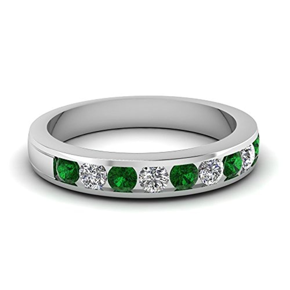 Round-Cut CZ Dia & Green Emerald 925 Sterling Silver Engagement Band Ring