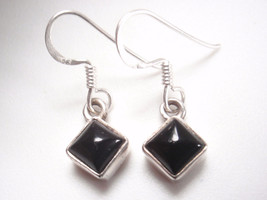 Very Small Black Onyx Squares 925 Sterling Silver Dangle Earrings - $11.69