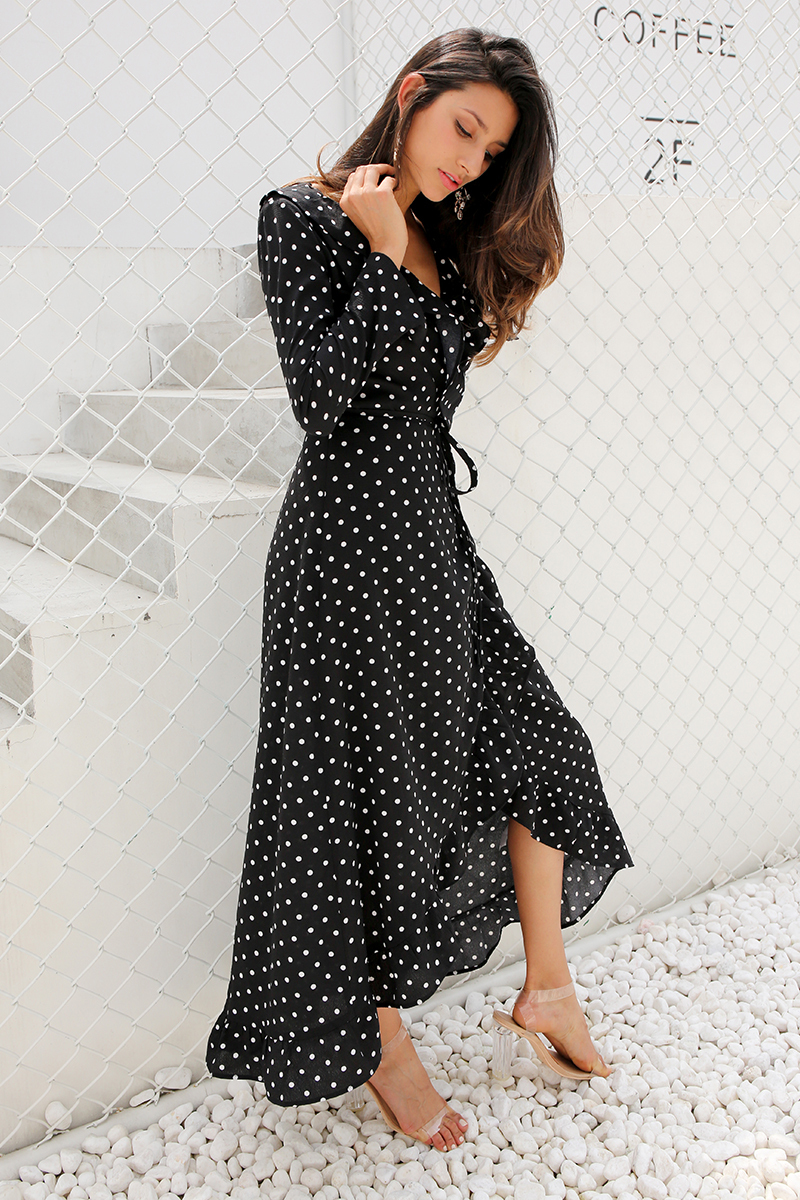 Image of Women Sexy Long Sleeve Polka Dot Ruffle Wrap V Neck Split Maxi Dress