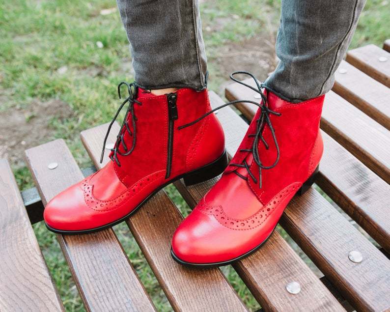 Women's Red High Ankle Suede Leather Lace Up Side Zipper Handmade Elegant Boots